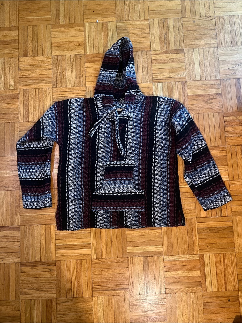90s Festival Fashion Artesanias Striped Poncho in Brown and Gray size medium